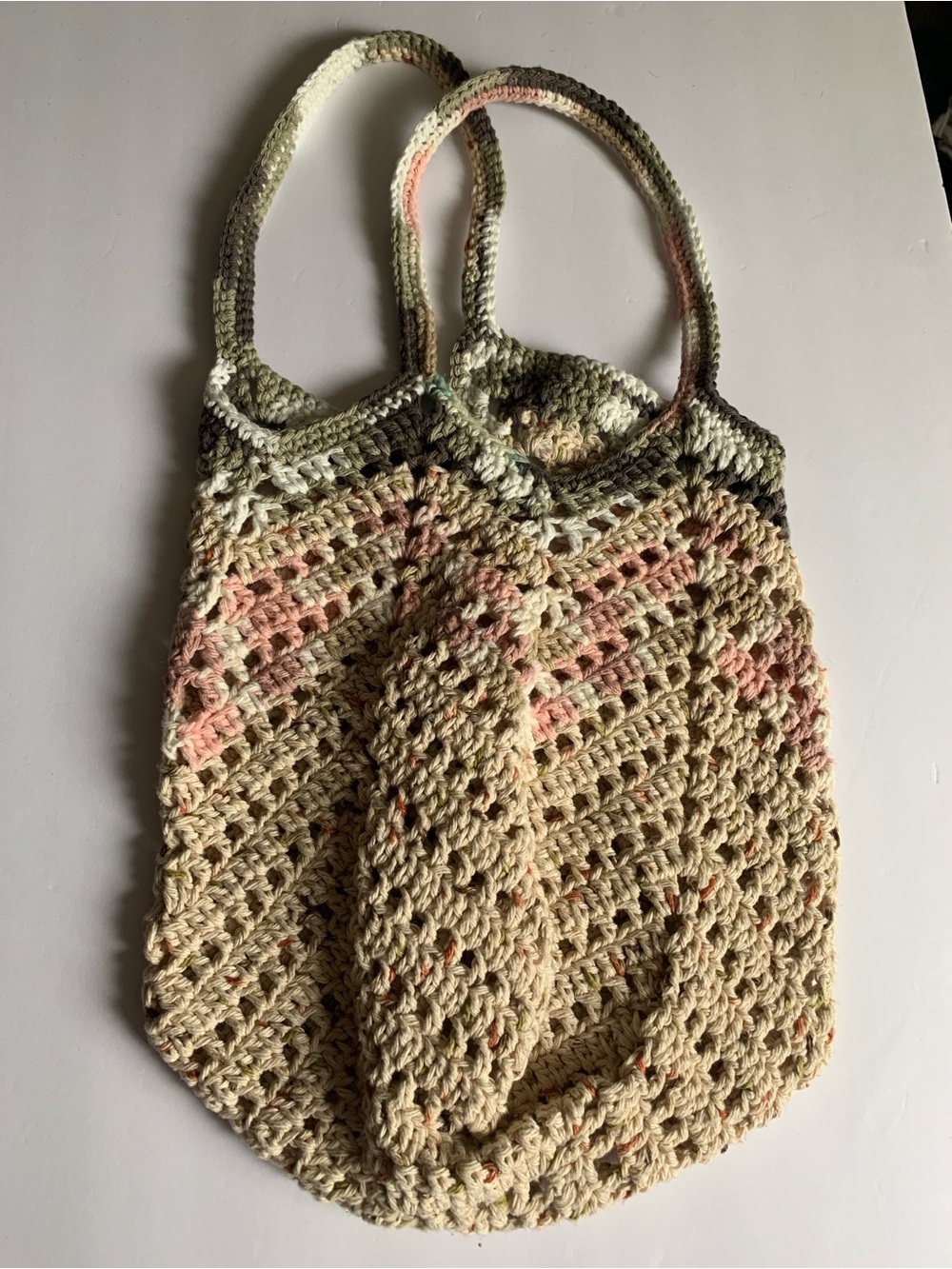 Handmade Crochet Tote Bag in Cream Green and Pink Market Bag